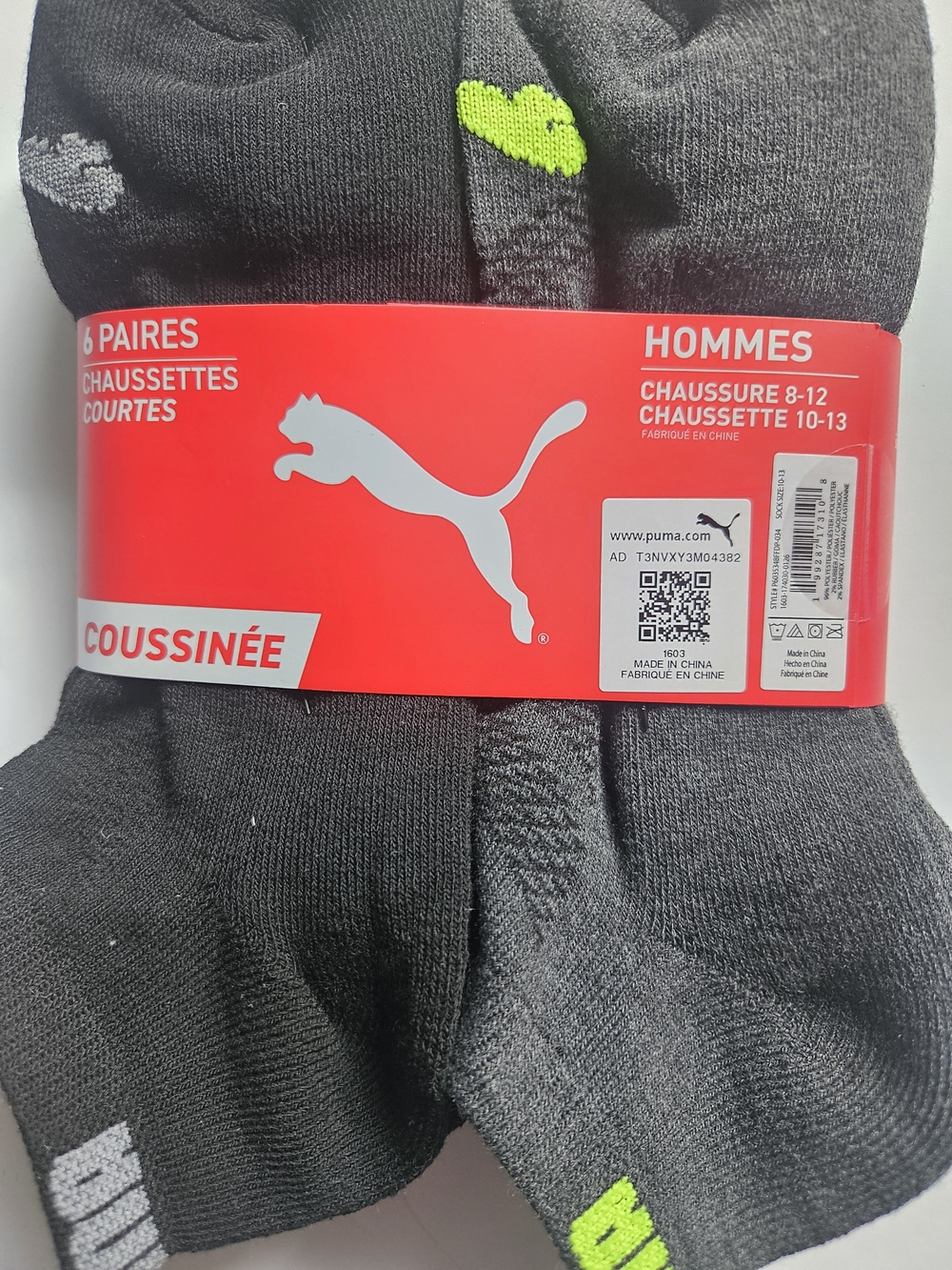 Puma Men’s Black Ankle Athletic Socks with Neon Green Logo - 6 Pack